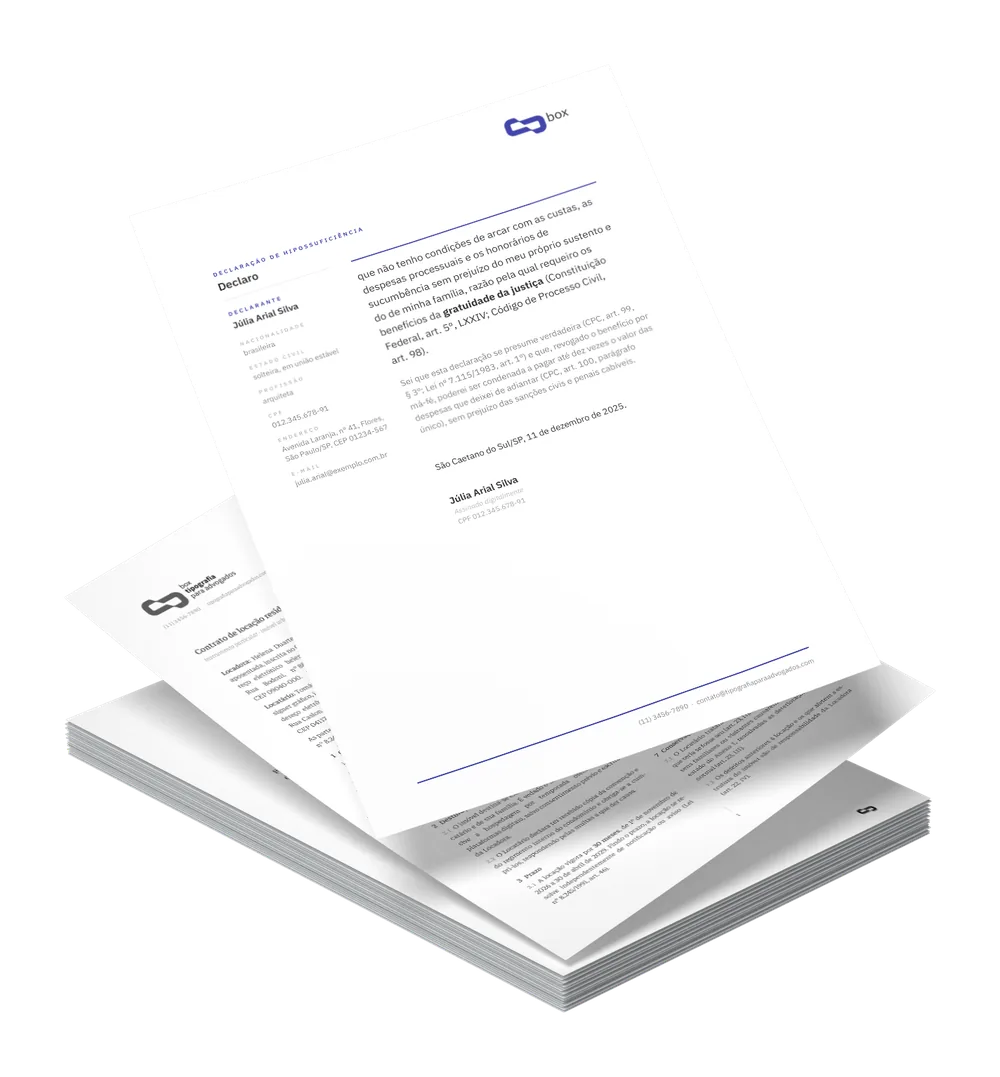 Declaração de hipossuficiência e contrato de locação em duas colunas, documentos complementares do Box