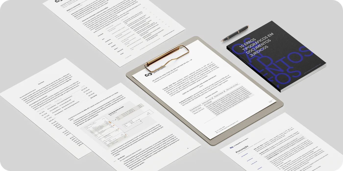 Documentos do Box sobre a mesa: petições, procuração, prancheta e o e-book 10 erros de tipografia jurídica
